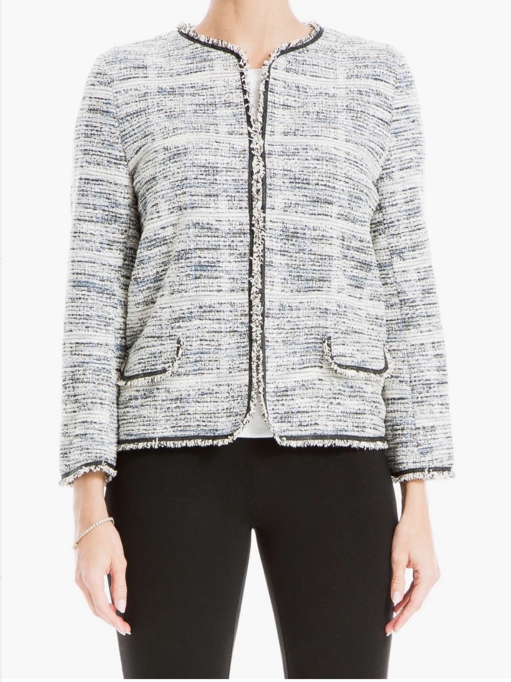 Max Studio Tweed Fringe Trim Collarless Jacket in White and Navy